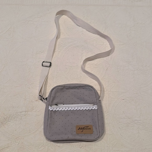 Vintage mygreen Canvas Gray w/ Black Dot & White Lace Trim Purse - Picture 1 of 4